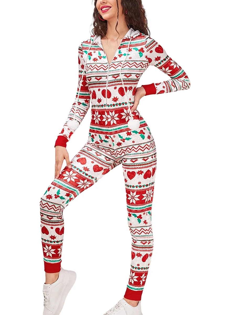 Women s Christmas Long Pajama Romper Long Sleeve Drawstring Heart Star Print Jumpsuit Pajama
