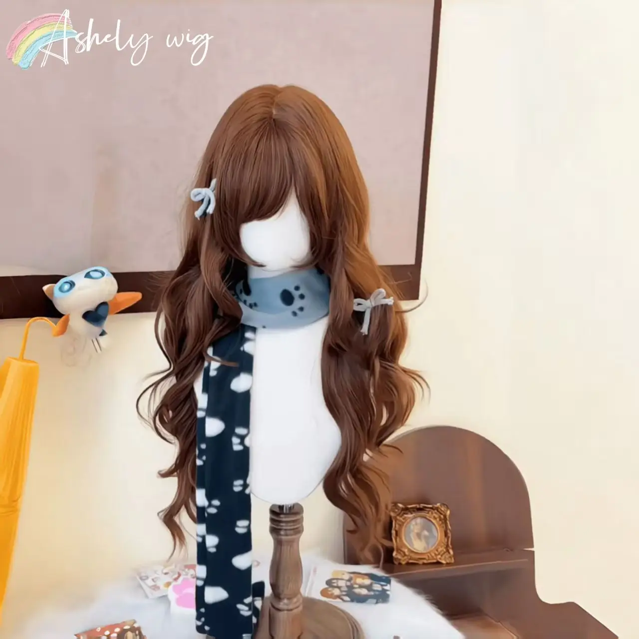 Chocolate Brown Wig with Bangs 24inch Long Wavy Hair Wigs for Women High Quality Cute Lolita Synthetic Wig for Daily Use Cosplay