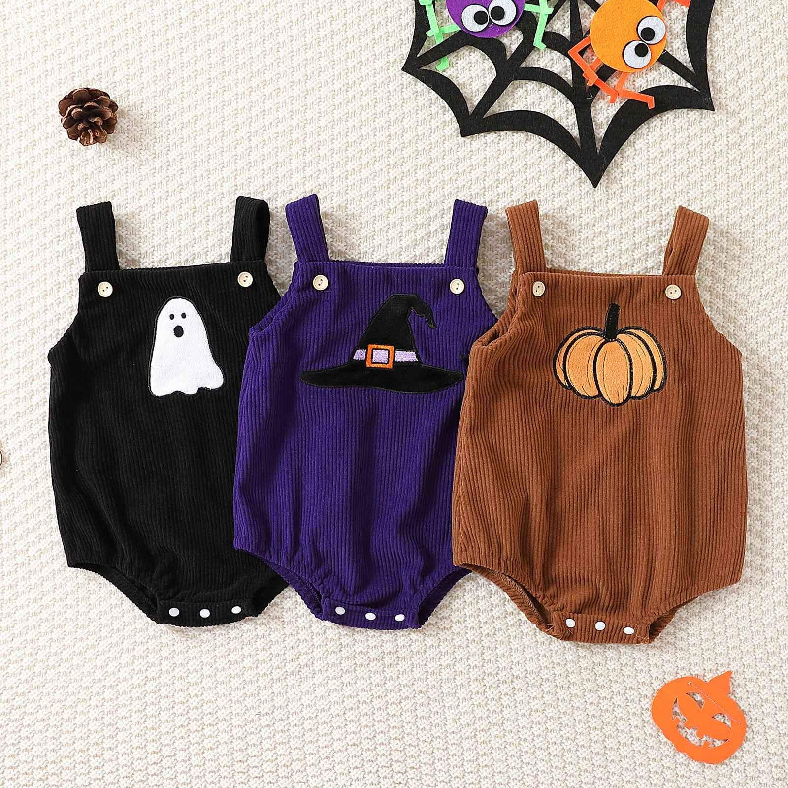 

Baby Halloween Rompers Pumpkin Ghost Embroidered Corduroy Baby Rompers Sling Sleeveless Straps Bodysuit Holiday Gift Clothing