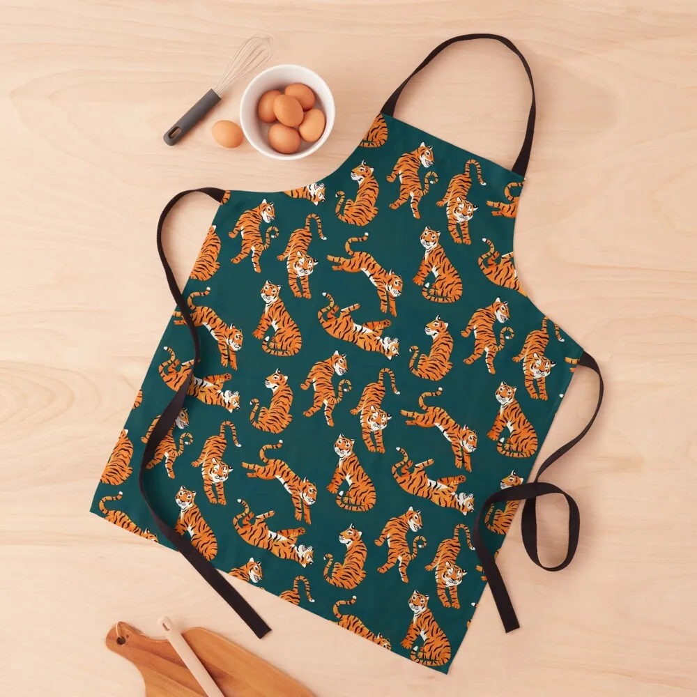 

Simple Tiger Illustration - Orange and Teal Apron Waterproof women Women Kitchen'S For Girl Apron