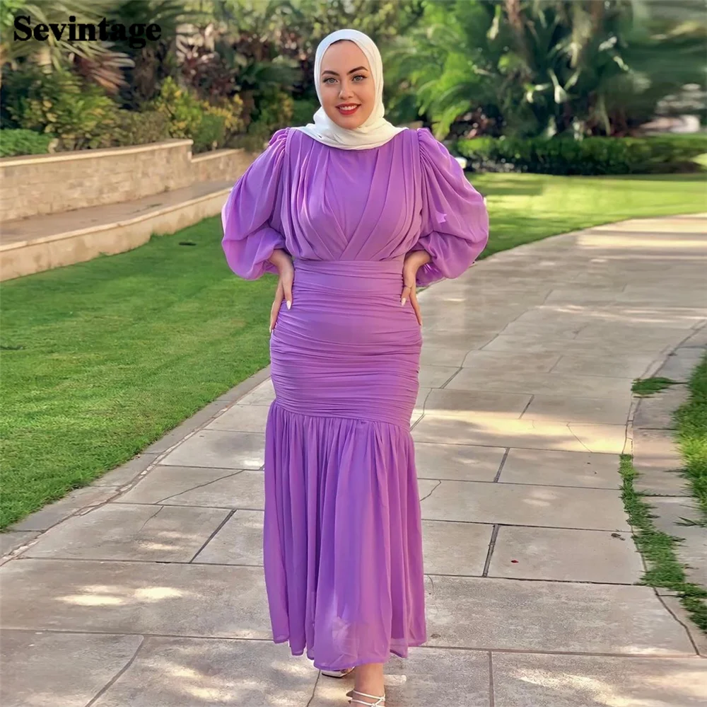 

Sevintage Vintage Purple Prom Dresses Muslim Mermaid Long Puff Sleeves Pleat Ruched Party Growns 2024 فساتين للحفلات الراقصة