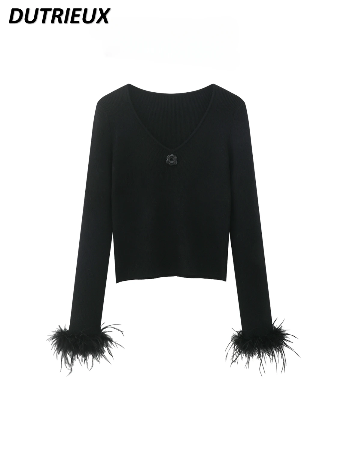 fall-2024-new-round-neck-slim-fit-short-feather-wristband-long-sleeved-sweater-top-women's-v-neck-bottoming-knitted-pullover