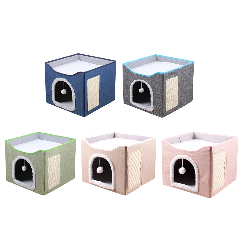 고양이 침대 접이식 고양이 집, 푹신한 볼 & 스크래치 패드 포함, 고양이 큐브 동굴, 대형 고양이 은신처, 여러 마리의 소형 애완동물에게 편안함 제공