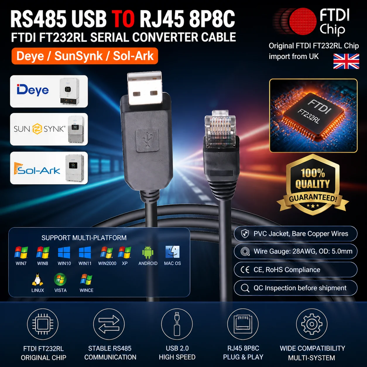 FTDI USB-RJ45 RS485 프로그래밍 케이블 (데이 선싱크 솔-아크 인버터 모니터링 통신 케이블)