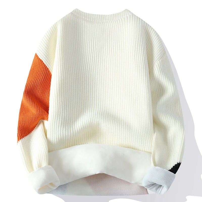 Fashion Men's 2023 Autumn Winter New Round Neck Sweater Patchwork Long Sleeved Color Blocked Thick Loose Pullover Knitted Tops