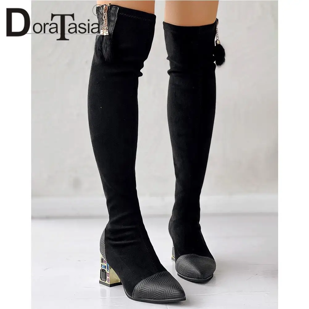 Brand New Ladies Pointed Toe Thigh High Boots Fashion Patchwork Chunky Heel women's Over The Knee Boots Casual Party Woman Shoes
