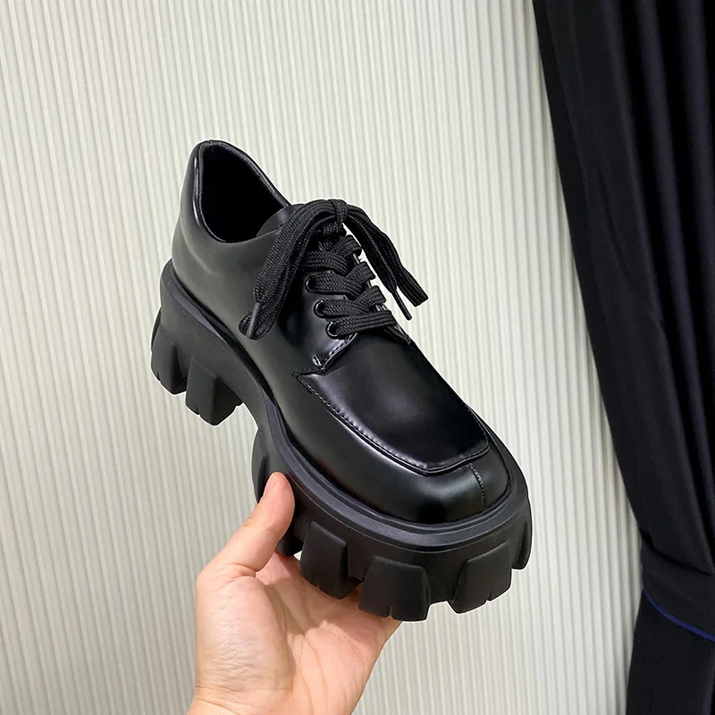 

New British Style Small Leather Shoes Spring and Autumn Loafer Shoes Heightened Thick Bottom Platform Shoes Lace-up Shoes