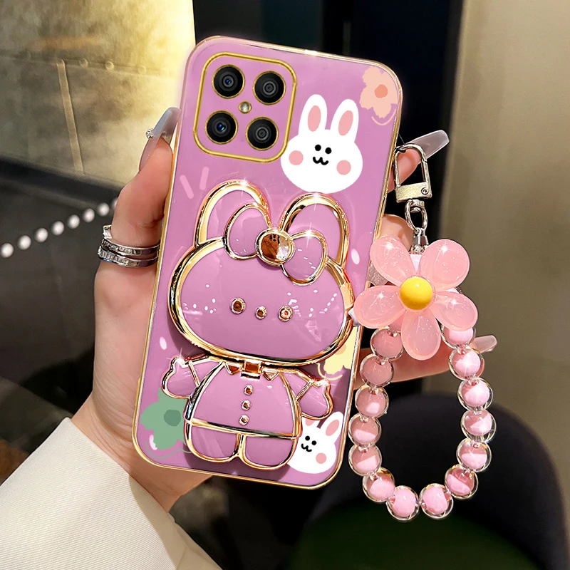 Luxury Floral Rabbit Makeup Mirror Phone Holder Case - Elegant Stand Back Cover