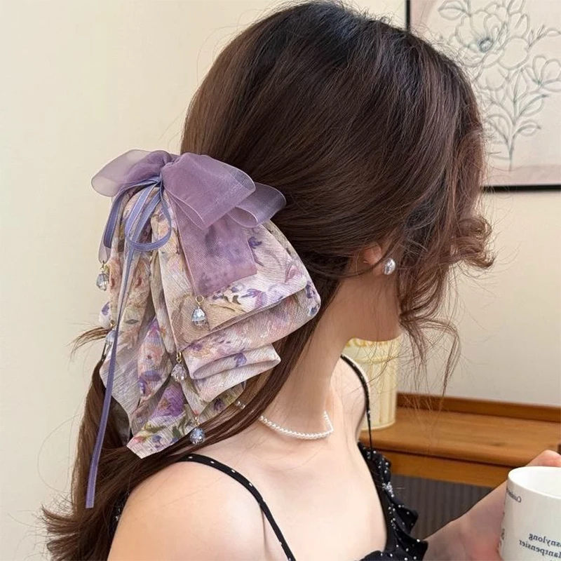 Französische elegante Haarspangen für Damen, Hai-Clip, süßer Chiffon, Blumenmuster, Schleife, Perlen, Pferdeschwanz-Clip – Detail 11