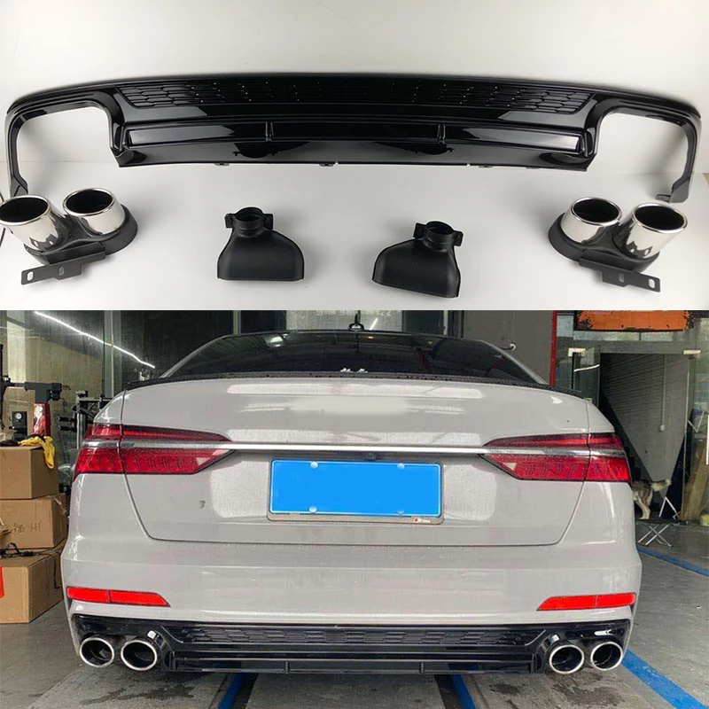 

Gloss black Rear Bumper Lip Spoiler Diffuser For Audi A6 S6 Sline C8 2019 2020 2021 ABS Trunk With Exhaust Tips