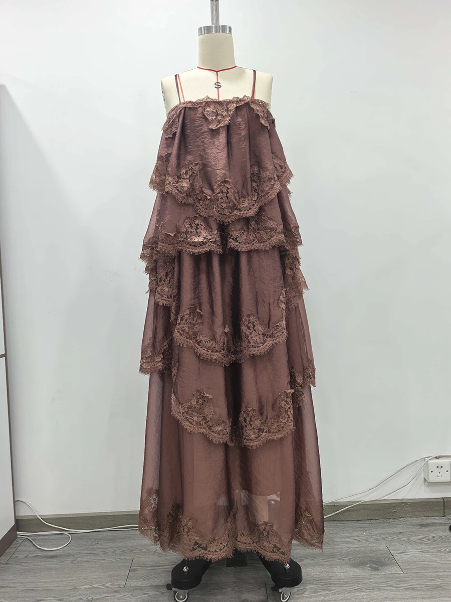TWOTWINSTYLE Solid Loose Spliced Ruffles Elegant Dresses for Women  Strapless Sleeveless Patchwork Lace Fashion Long Dress Female - AliExpress  200000345