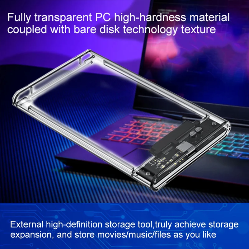 2.5 Inch USB 3.0 External Hard Drive Enclosure SATA to USB3.0 UASP Clear Portable Hard Drive Case 2T HDD Tool-Free Transparent