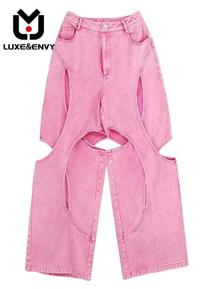 

LUXE&ENVY New Hollow Out Perspective Irregular Pink Denim Pants Casual Pants For Women 2023 Autumn
