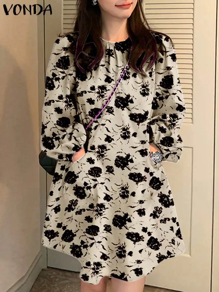 

Summer Mini Dress 2023 VONDA Women Bohemian Printed Vintage Long Lantern Sleeve Party Sundress Elegant Loose Vestidos