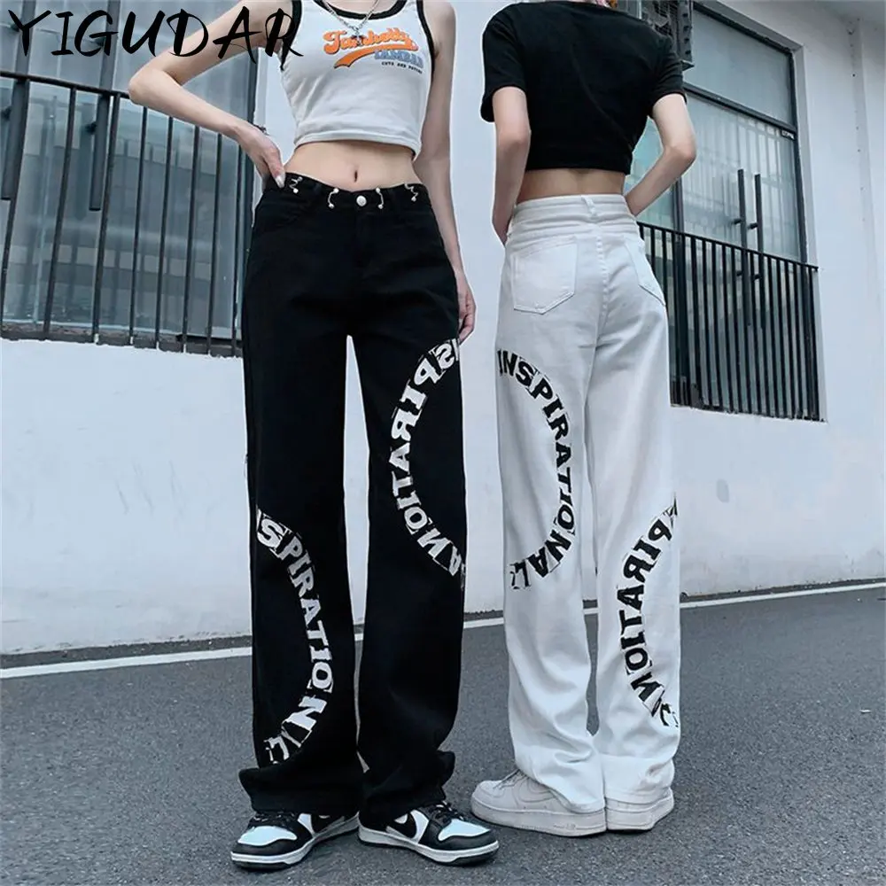 

High Street Straight Jeans Female Fashion Egirl Goth Clothing Y2K Streetwear Anime Print Wide Leg Daddy Baggy Jeans Pants Woman