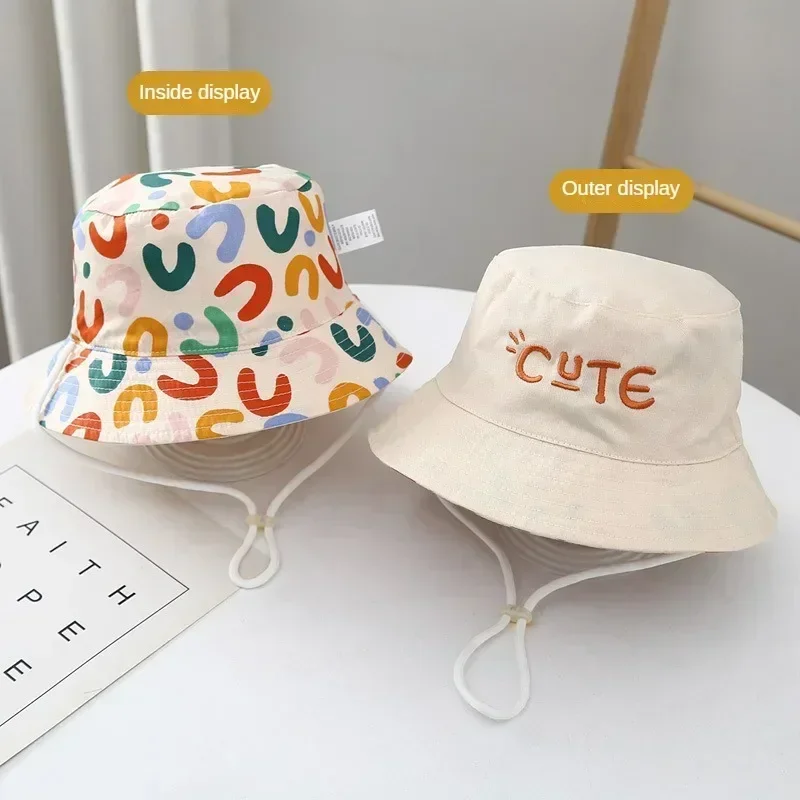 Kids Bucket Hat Double Sided Baby Cute Letter Embroidered Fisherman Panama Summer Sun Hat
