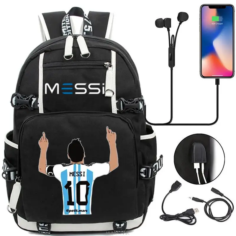 

Messi Backpack Laptop USB Women Men Computer SchoolBag Oxford Waterproof Rucksack College Daypack Teens Travel Hikking Mochilas