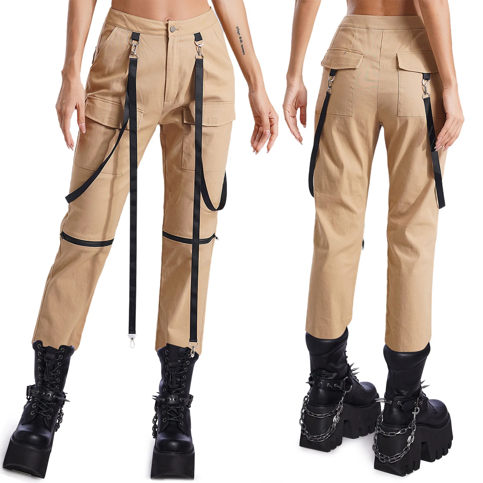 thumbnail image 1 of Pantalones Cargo con tiras para mujer, bolsillos con cremalleras decorativas, pantalones de baile de Jazz de Color sólido, ropa para festivales de música de Halloween, 1 of 5
