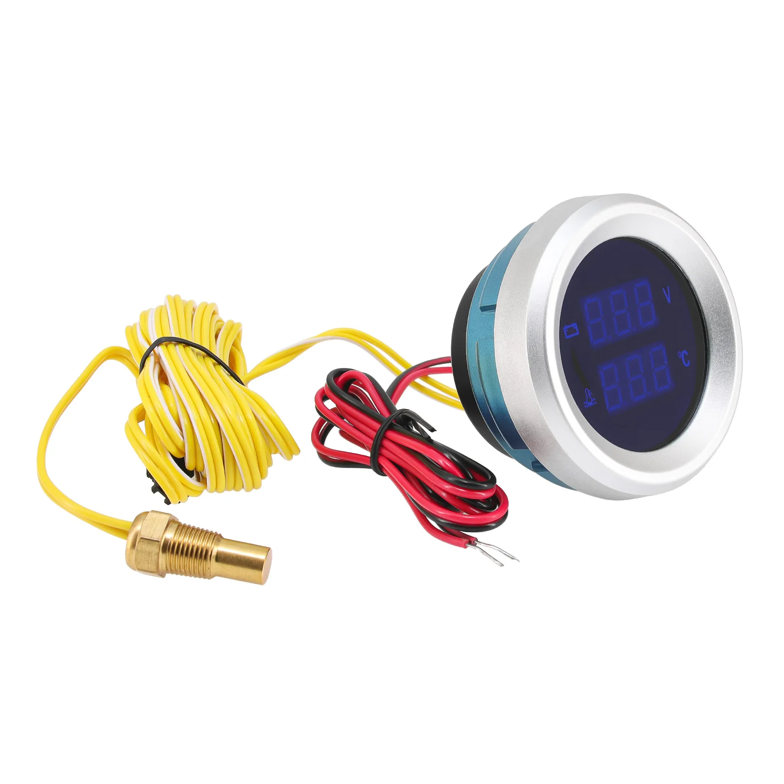 12V/24V 52MM 수온계 전압계 2 in 1 디지털 디스플레이 블루 LED 자동차 트럭 자동 게이지 미터 (온도 센서 10mm 포함)