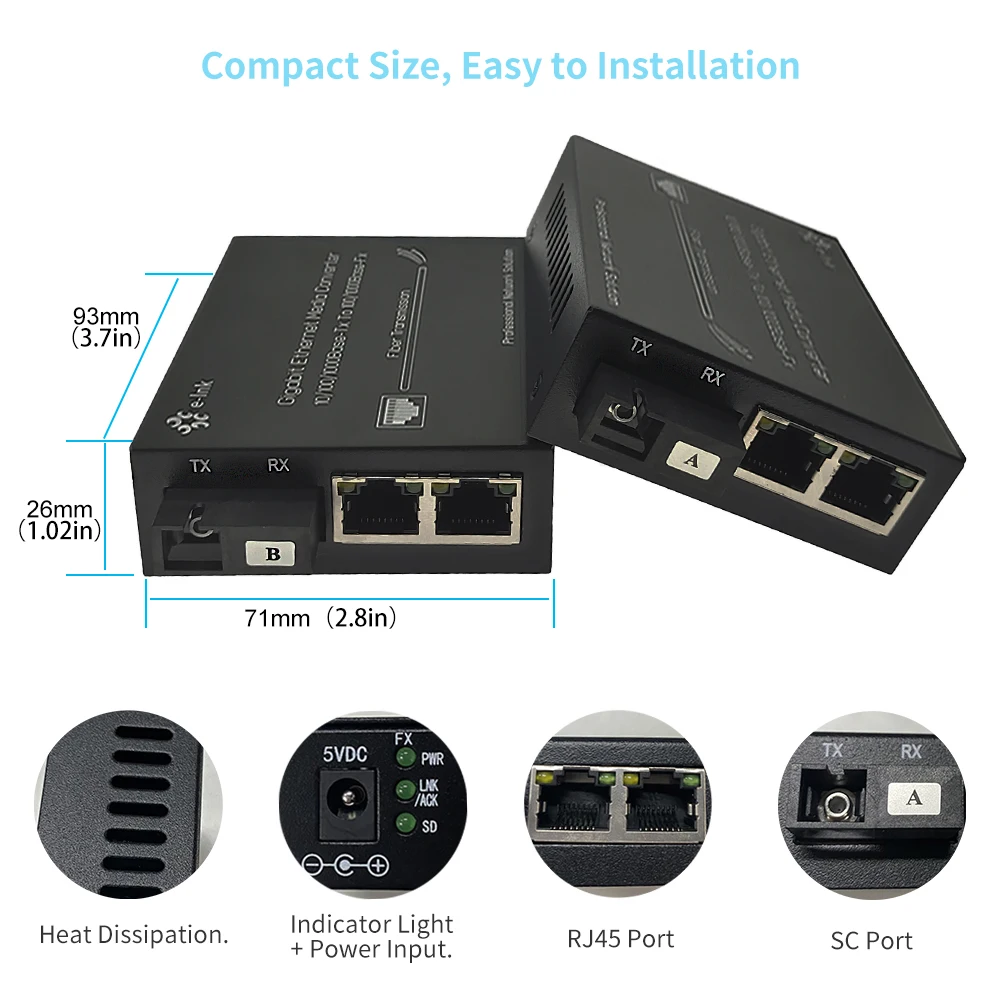 Conversor de Mídia Gigabit Ethernet Poe de Portas Conversor de Fibra com sc Wdm 10 100 1000mbps Rj45 para sc Poe - Image 5