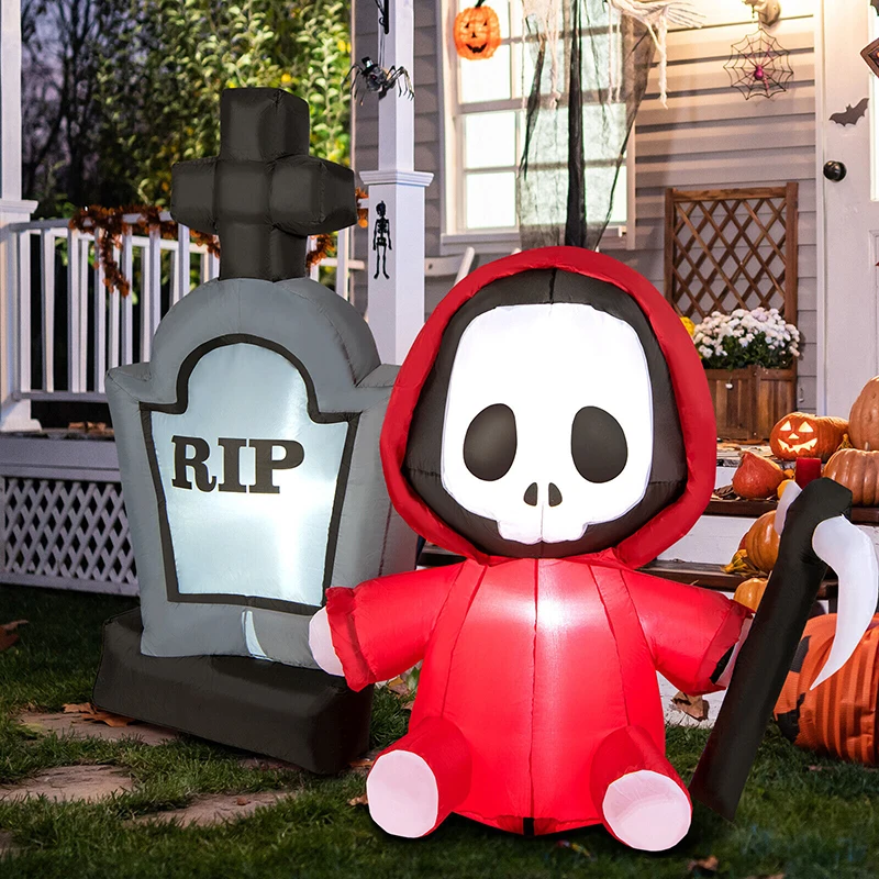 

5 Feet Inflatable Halloween Ghost Holding Sickle and Tombstone Yard Decor Funny Cartoon Design Party Supplies Decorations