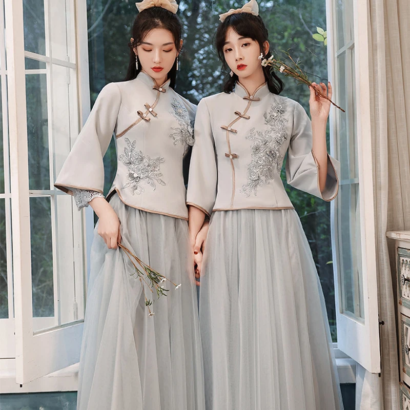 

Embroidered Flower Chinese Stand Collar Qipao Women Grey Big Size Wedding Party Dress Casual Vintage Dresses Shirt Skirt