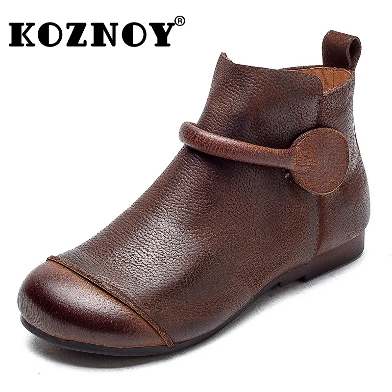 

Koznoy 1.5CM New Natural Cow Genuine Leather Flats Booties Ankle Fashion Spring Ethnic Loafer Round Toe Women Autumn Boots Shoes