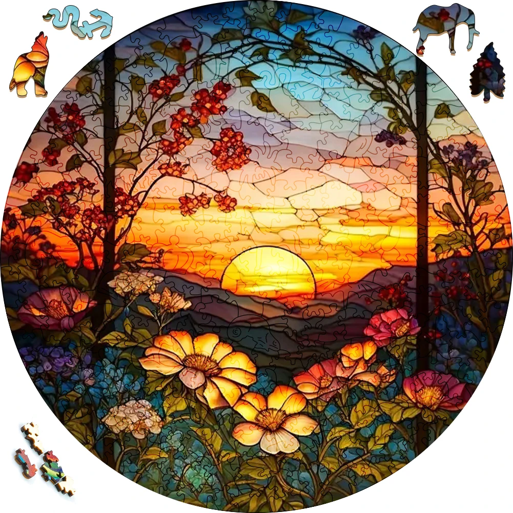 Beautiful Wooden Puzzle painted Sunset Flowers Funny Toy Landscape Wood Puzzles Smart Game Round Shaped Jigsaw Puzzle Best Gift