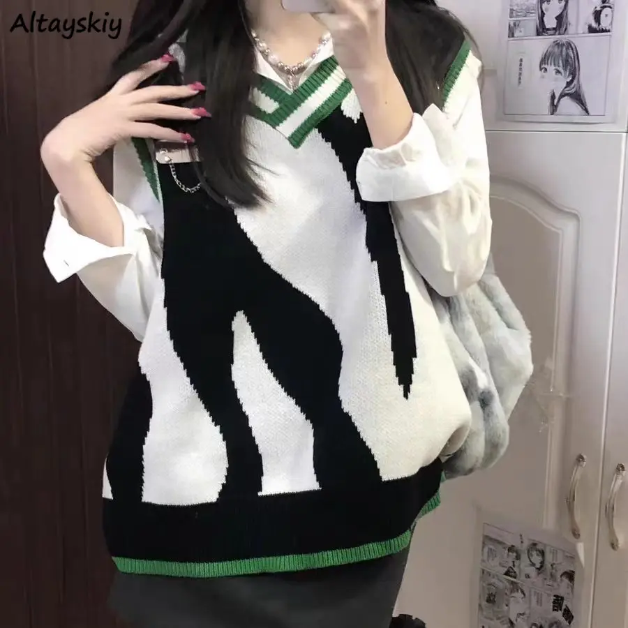 

V-neck Sweater Vests Women Zebra Striped Leisure Outwear Patchwork Daily Harajuku Korean Style All-match Ootd Ins Streetwear