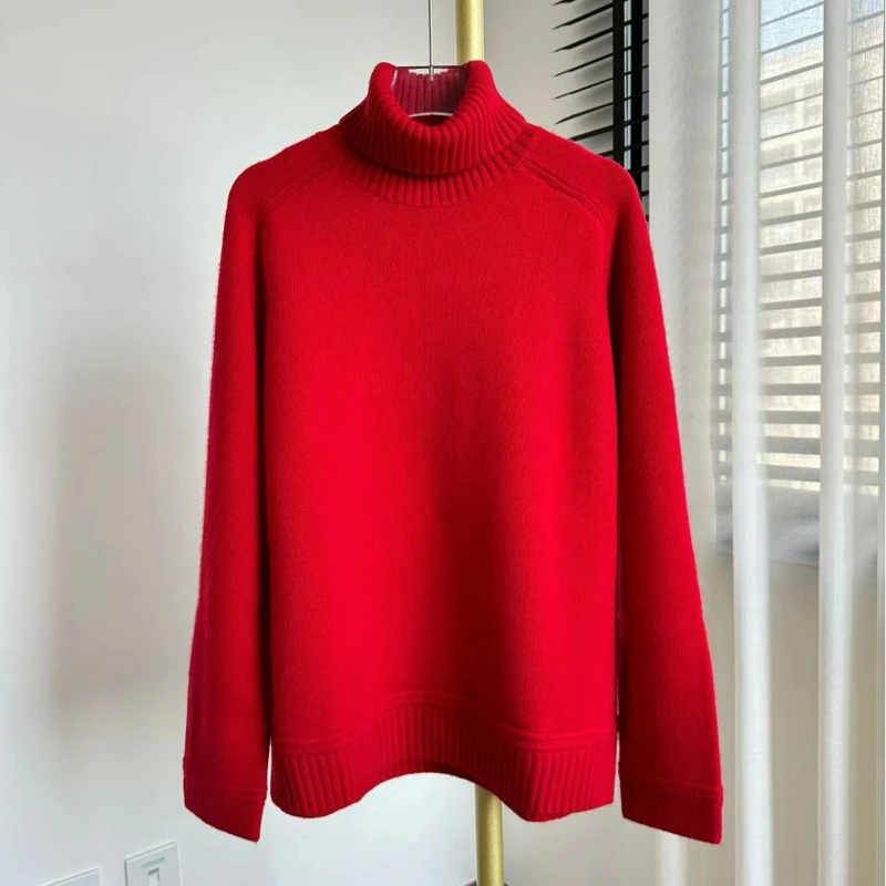

Women Autumn and Winter Classic High Neck Side Slit Cashmere Sweater Christmas Red 100% Cashmere Sweater