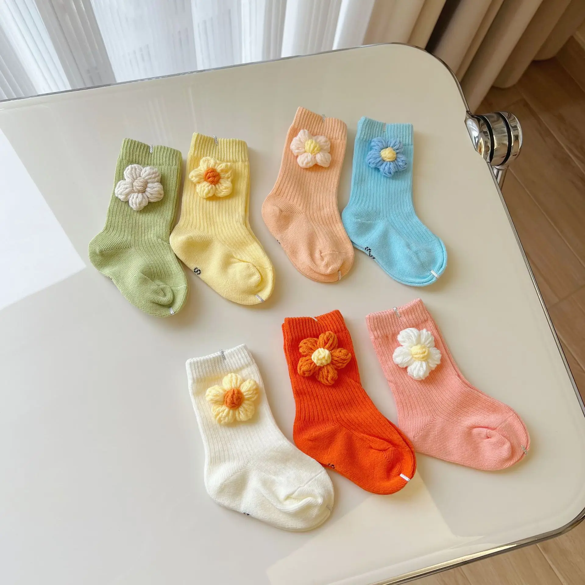 

Korean Cute Solid Color Middle Tube Kids Cotton Socks Baby Handmade Knit Floral Socks Newborn Infant Toddler Socks 0-6years Old