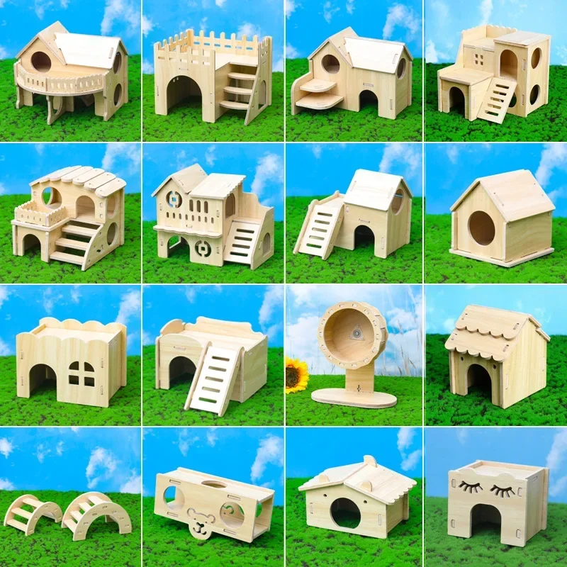 Hamster Wooden Small Villa Swing Seesaw Small Nest Solid Wood House Hamster Sleeping Nest Hide Out Quail Rutin Chicken Toy pet house