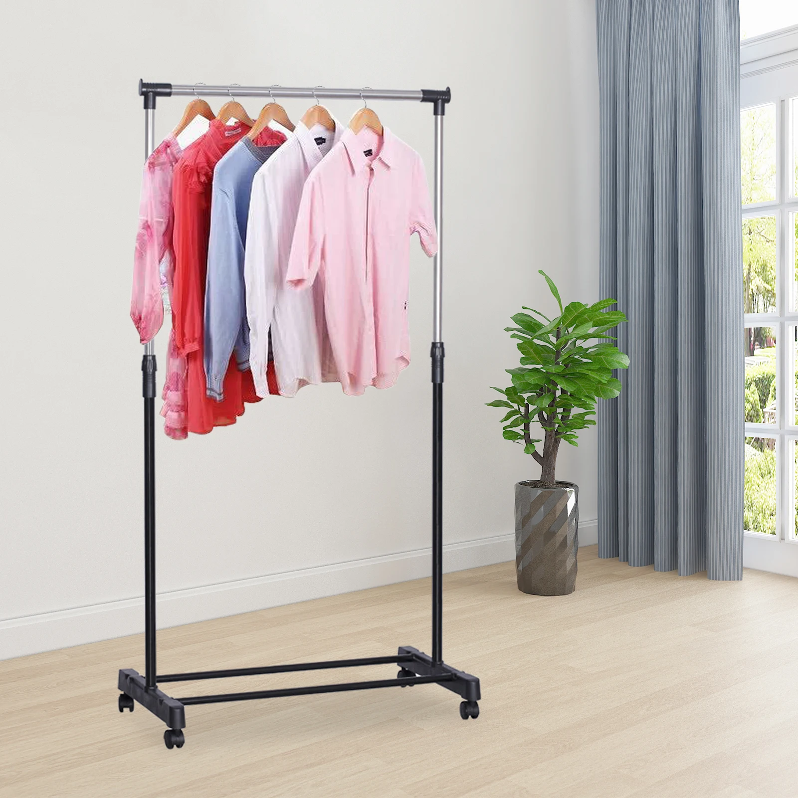 Movable Clothes Rack Telescopic Floor Hanger Storage Wardrobe Hat Stand Storage Box Bedroom Furniture Coat Rack With Wheel 3