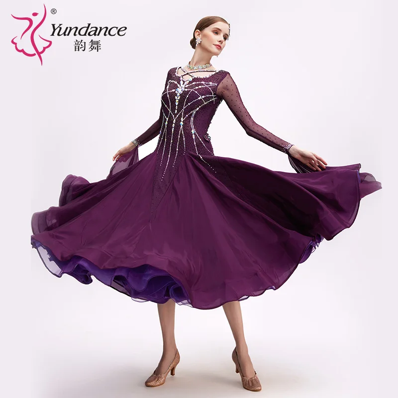 B-24159 Purple Satin Chiffon Ballroom Dance Dress High Quality New Rhinestone Standard Performance Wear Long Ballroom