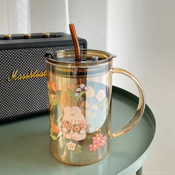 Simpatico coniglietto tazza di vetro con coperchio paglia Kawaii tazze da caffè grande birra al latte bicchieri da vino tazza di succo d'acqua coreana bicchieri regalo 1
