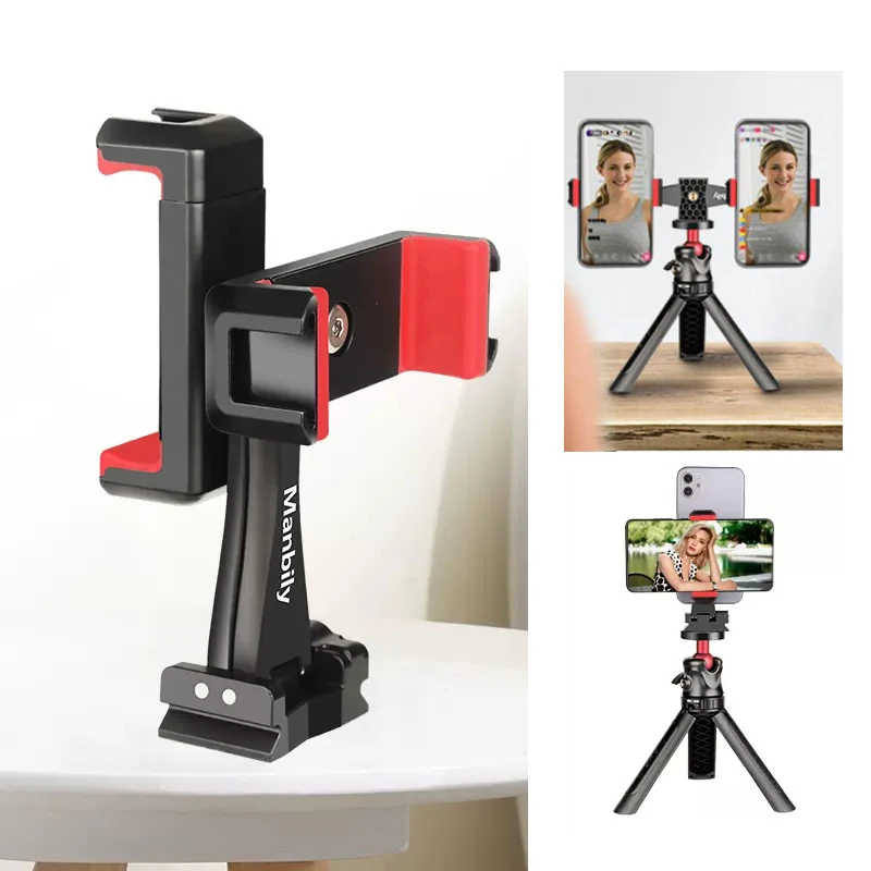 360° Rotatable Dual Cell Phone Holder Clip Clamp 4 Cold Shoe, 1/4'' Screw Tripod Monopod Selfie Stick Vlog Live Streaming Video