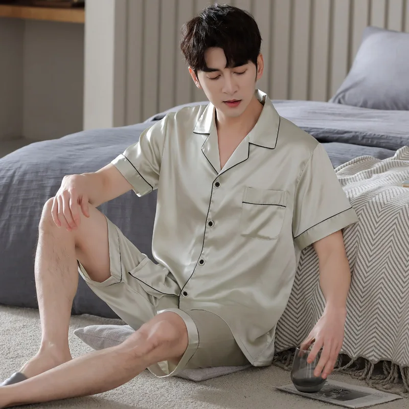 Summer Men's Thin Imitation Silk Pajamas Short Sleeve Cardigan Shorts Oversized Loose Casual Comfortable Home Clothing Set