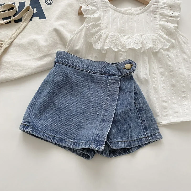 Brief style denim blue toddler girls skirt shorts kids summer sport dress pants children elastic waist trousers for 2-7 years kids shorts kids trousers