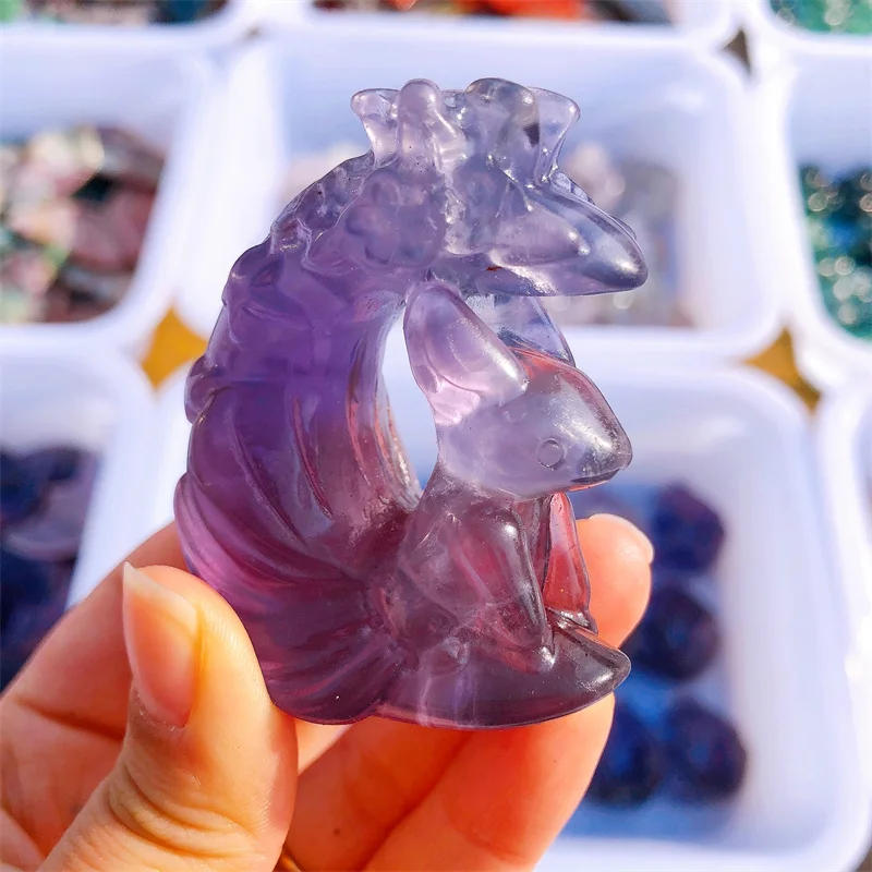 

Natural Purple Fluorite Moon Fox Carving Stone Cute Hand Carved Animal Figurine Energy Crafts Home Decoration Gift