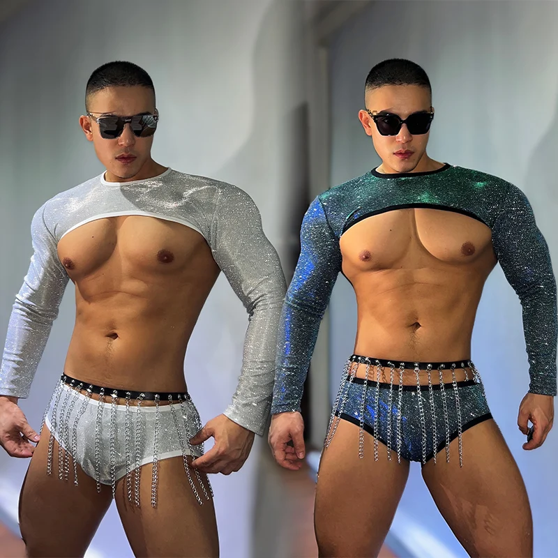 

Shiny Pole Dance Clothes Club Bar Muscle Man Jazz Dance Performance Costume Adult Male Sequins Tops Shorts Waist Chains VDB6867