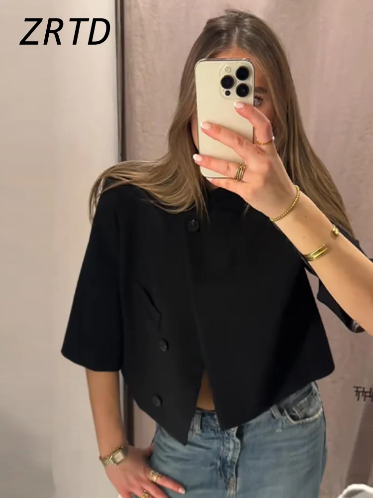 Women's Cropped Asymmetric Stand Collar Short Sleeve Blazer Jacket — photo 2