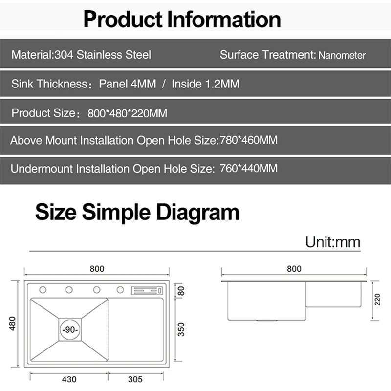 ASRAS Nanometer Handmade Stepped Kitchen Sinks 4mm Thickness 220mm Depth SUS 304 Stainless Steel Large Size Sinks