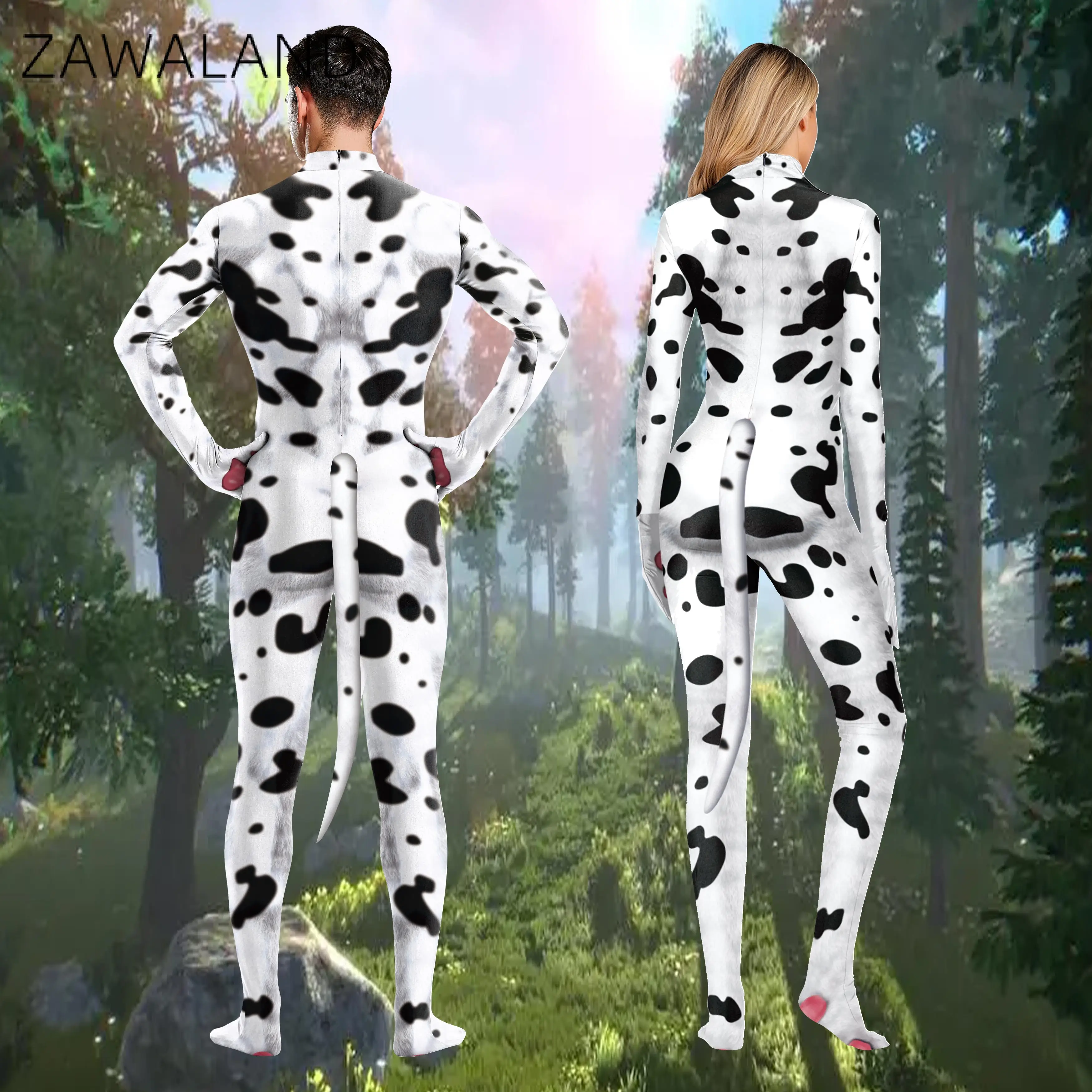 Cosplay Costume Zawaland Milk Cow Cosplay Costume Animal Printed Full Cover Suit Adult Jumpsuit Zentai Carnival Catsuits with Tail Fancy Outfit Cosplay Costume