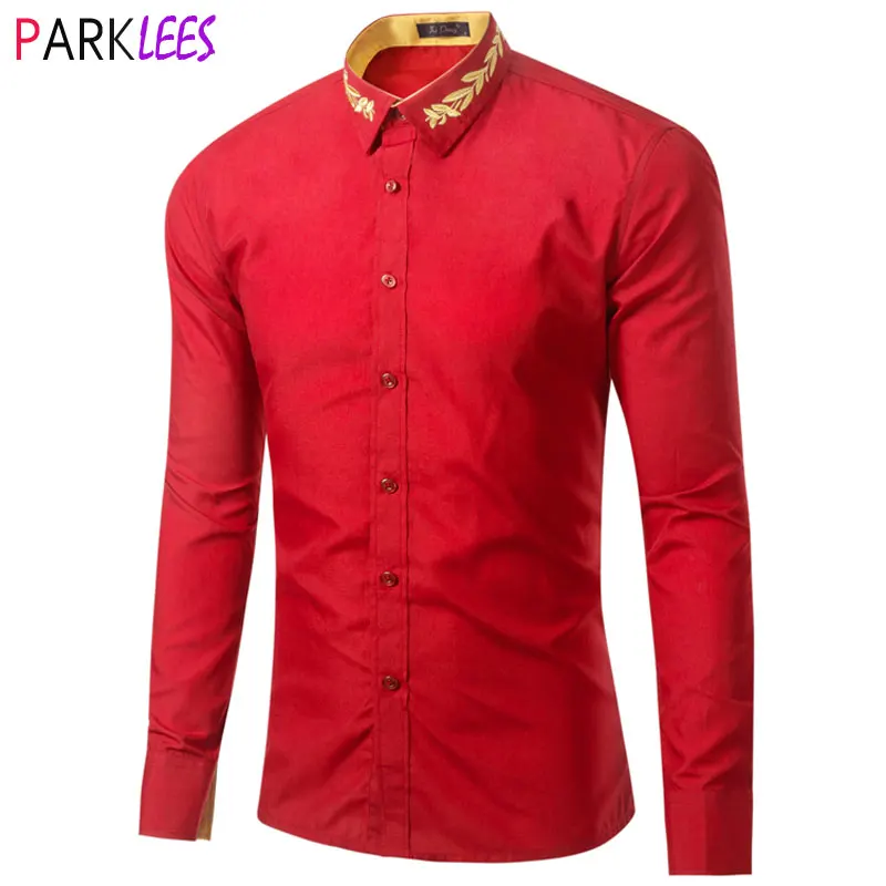 

Gold Embroidery Mens Dress Shirts 2023 Brand Long Sleeve Wedding Groom Red Shirt Men Casual Button Up Camisa Social Masculina