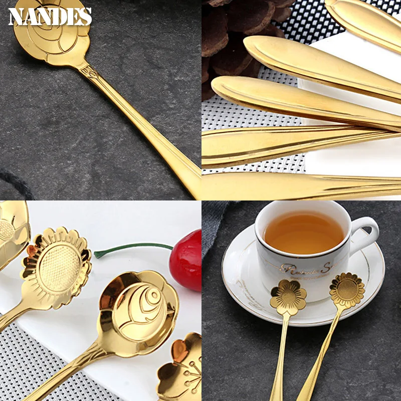 Small Flower Teaspoon Stainless Cherry Rose Flower Coffee Spoon Gifts Kitchen Dessert Accessories Tableware Decoration Set 8Pcs