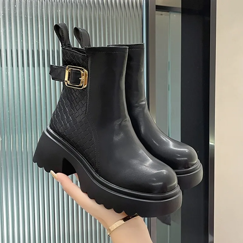 

Женские ботинки с пряжкой на ремешке, повседневные ботильоны с боковой молнией и круглым носком, 2023