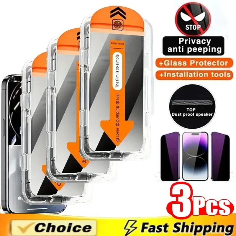 3Pcs Privacy /HD Screen Protector for IPhone 16 Pro max 16e 15 13 Pro Max 15 14 Plus 13 12 11 One Click Dust Free Tempered Glass