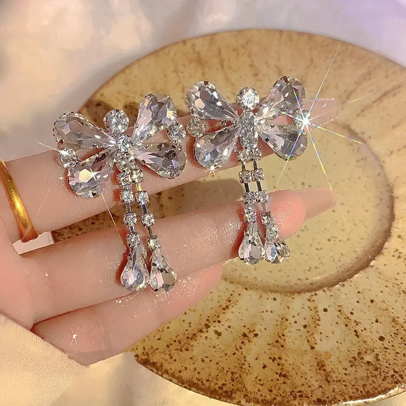 

French Luxurious Crystal Bow Tassel Earrings for Women Personalized Fashion Daily Accessories Party Jewelry Birthday Gifts