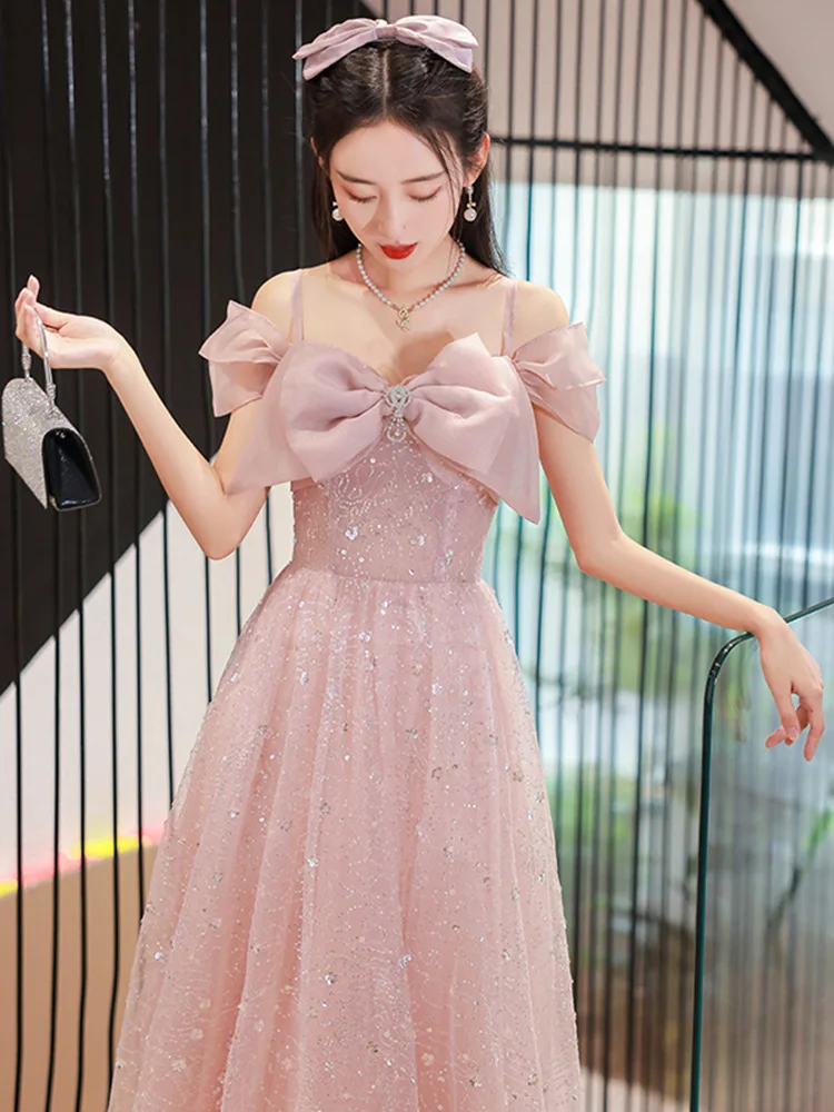 Gorgeous Pink Prom Dresses Off The Shoulder Bow Sequins Floor