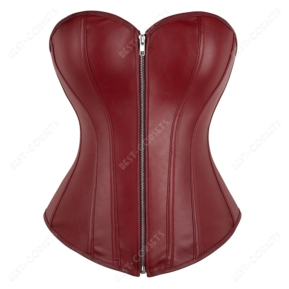 Women\'s Leather Corset Top Brown Steampunk Corsets for Women Zipper Overbust Corset Plus Size Corselet Black Red